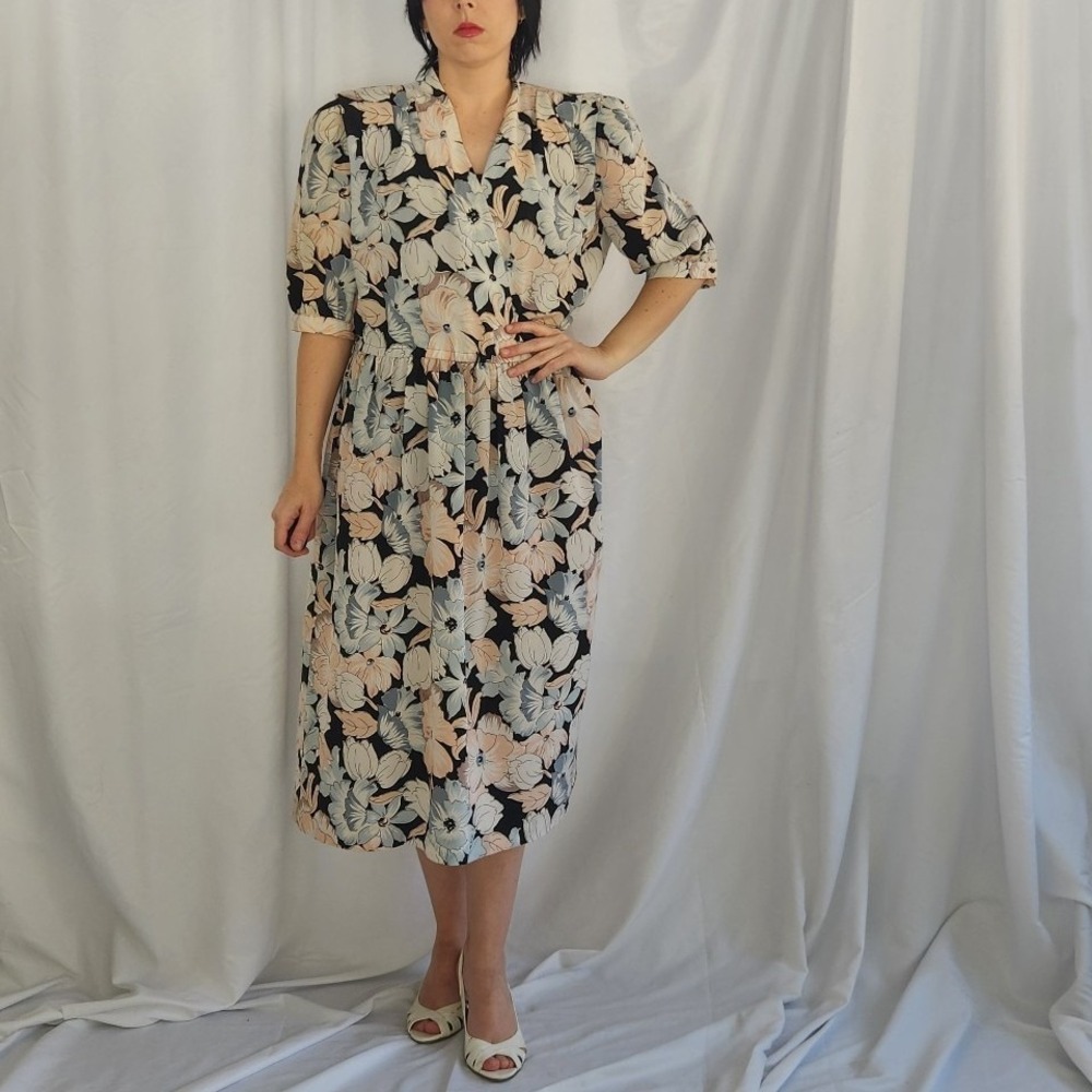 80s/90s Black, Pink, and Blue‎ Floral Day Dress
